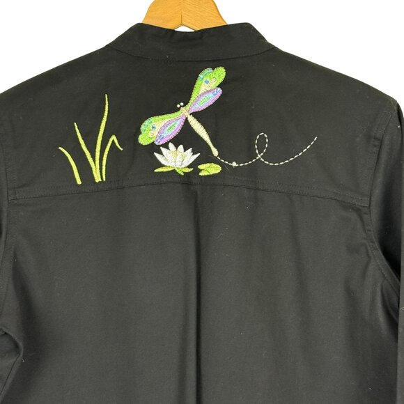 Quacker Factory Black Embroidered Dragonflies Jacket Sz Large Zip Up Colorful - Picture 8 of 10